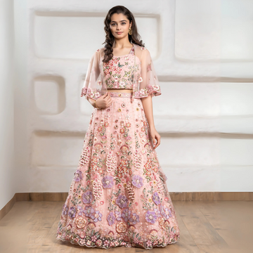 Peach Embroidery Georgette Bridal Lehenga Choli