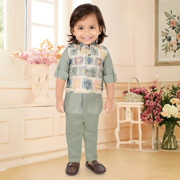 Boys Ethnic Green Kurta & Pajama With Jacket