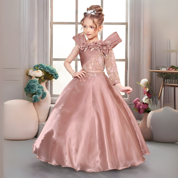 Girls Satin Peach Floral Work Lehenga Choli