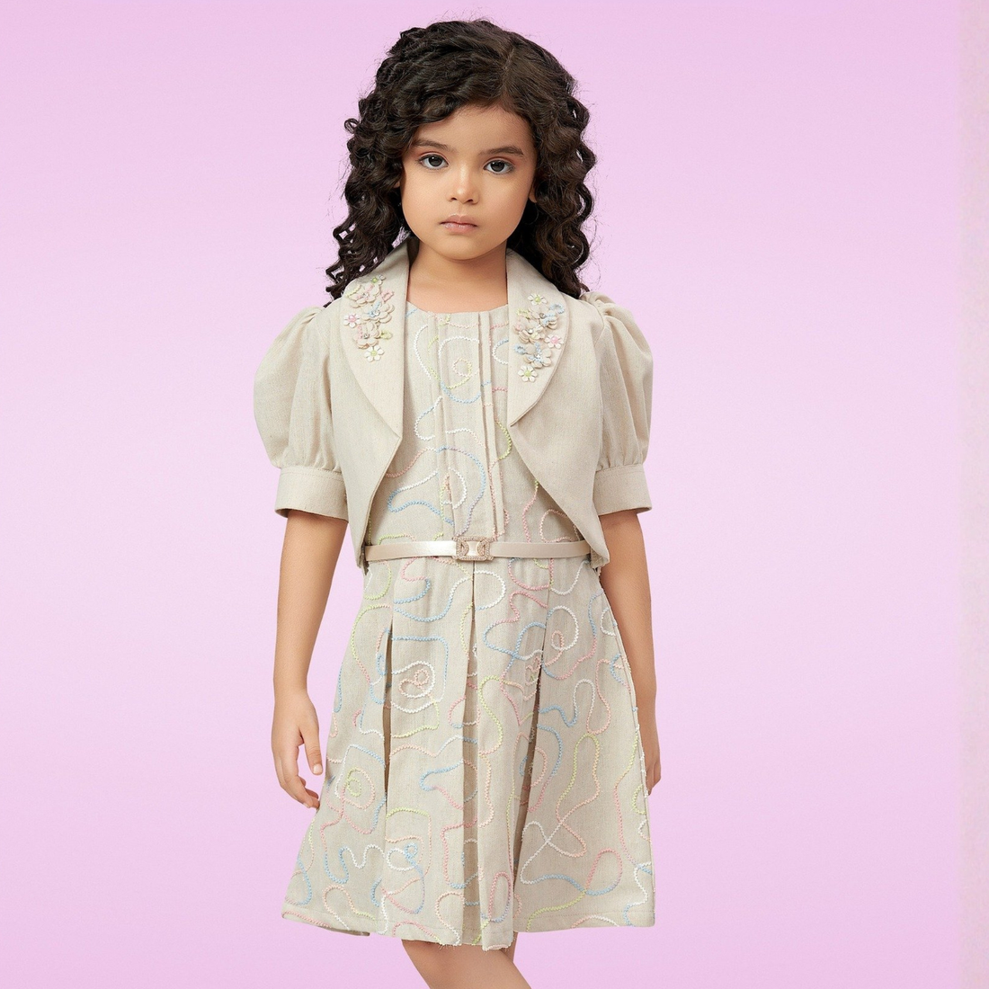 Girls Cream Western Frock with Jacket