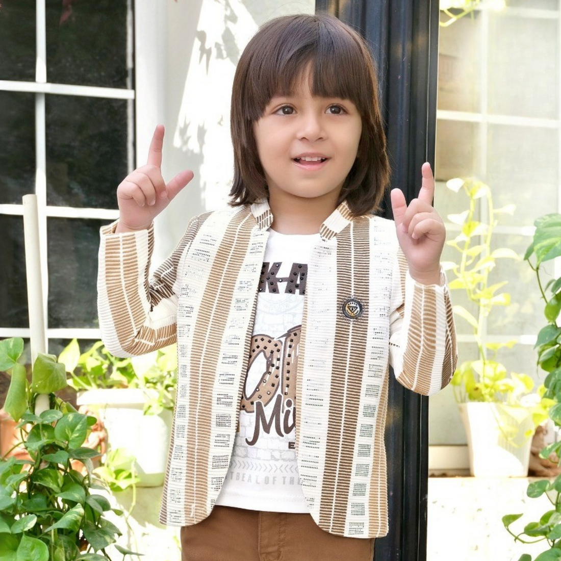 Cream With Fawn Printed Blazer, T-Shirt And Brown Pant Set