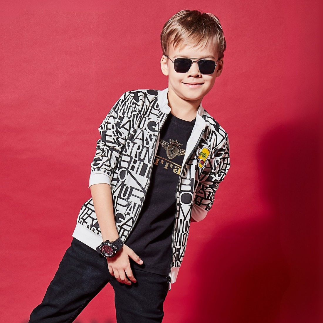 Zipper Black Boys Printed Jacket, Full Sleeves