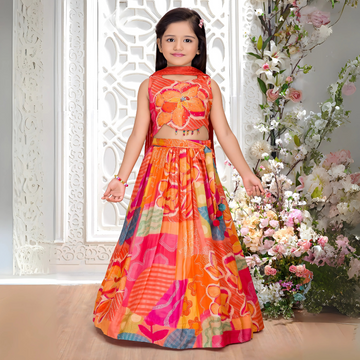 Orange Printed Lehenga Set for Girls