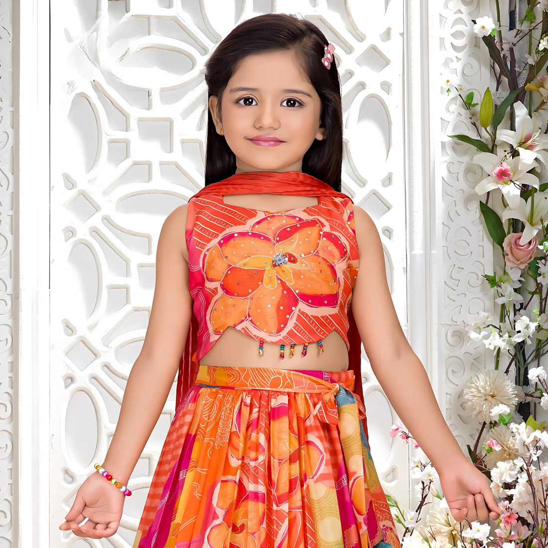 Orange Printed Lehenga Set for Girls