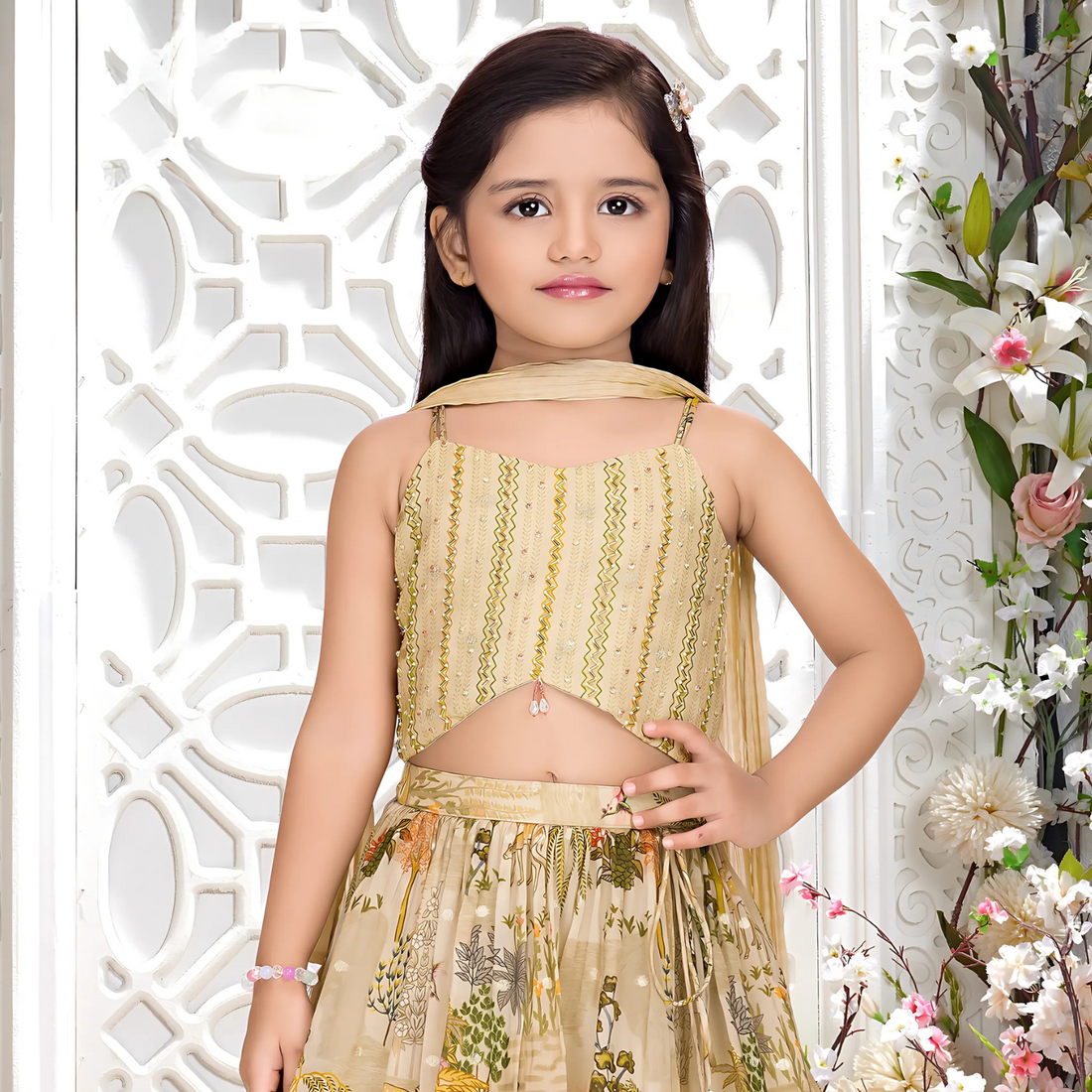 Golden Fawn Embellished Lehenga Choli Set For Girls