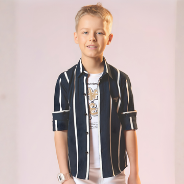 Boys Blue Slim Fit Stripe Full Sleeves  Shirt