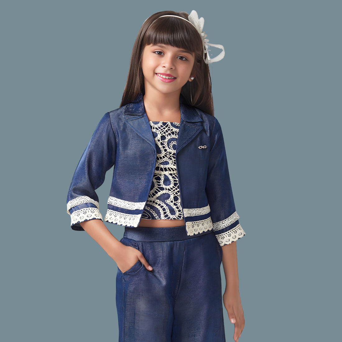Girls Blue Embroidered Palazzo set with Jacket