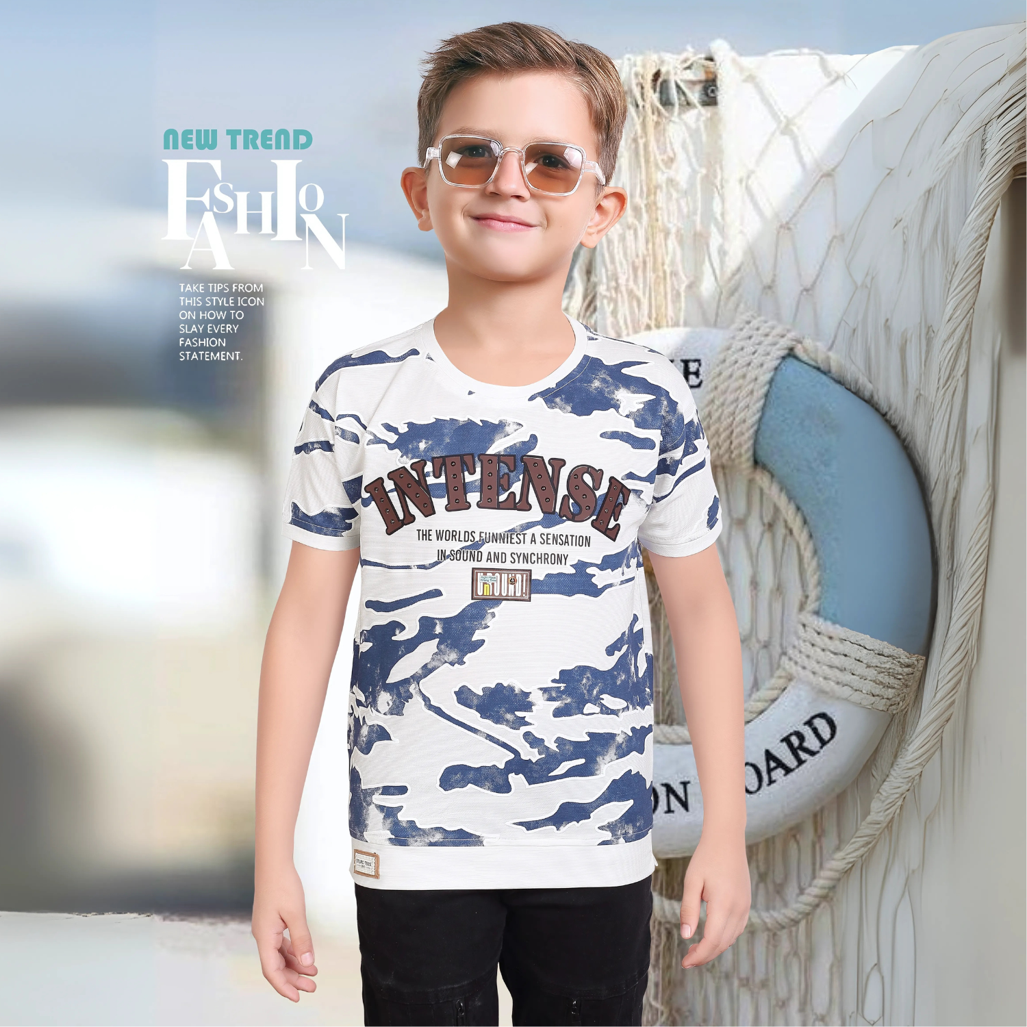 Boys Blue Printed Round Neck Half Sleeve T-Shirt - Main Image
