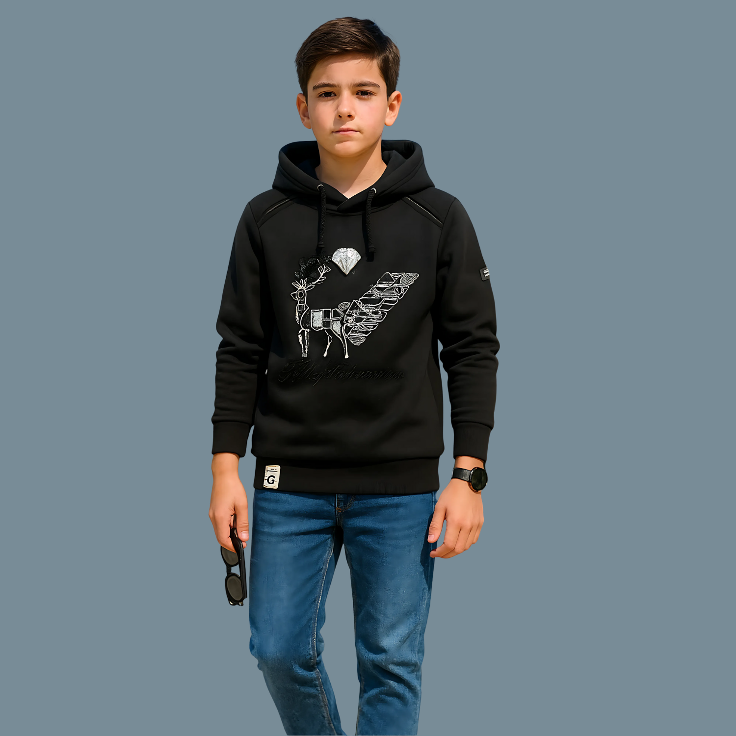 Boys Trending Cotton Black Print Hoodie T-Shirt - Main Image
