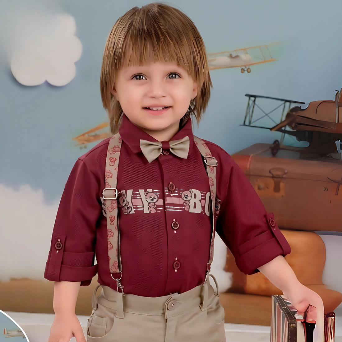 Exclusive kids Party Wear Shirt, Pant With Suspenders And Bow