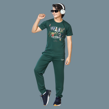 Boys Green Printed Round Neck Full Sleeve Night Suit