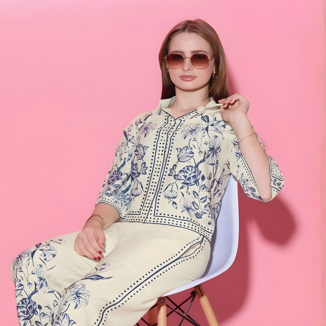 Girls Stylish Blue Floral Printed Co-Ord Set