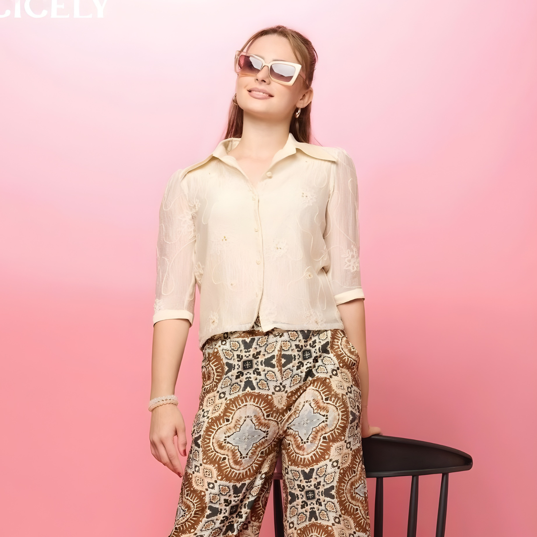 Girls Cream Trendy Printed Palazzo Set