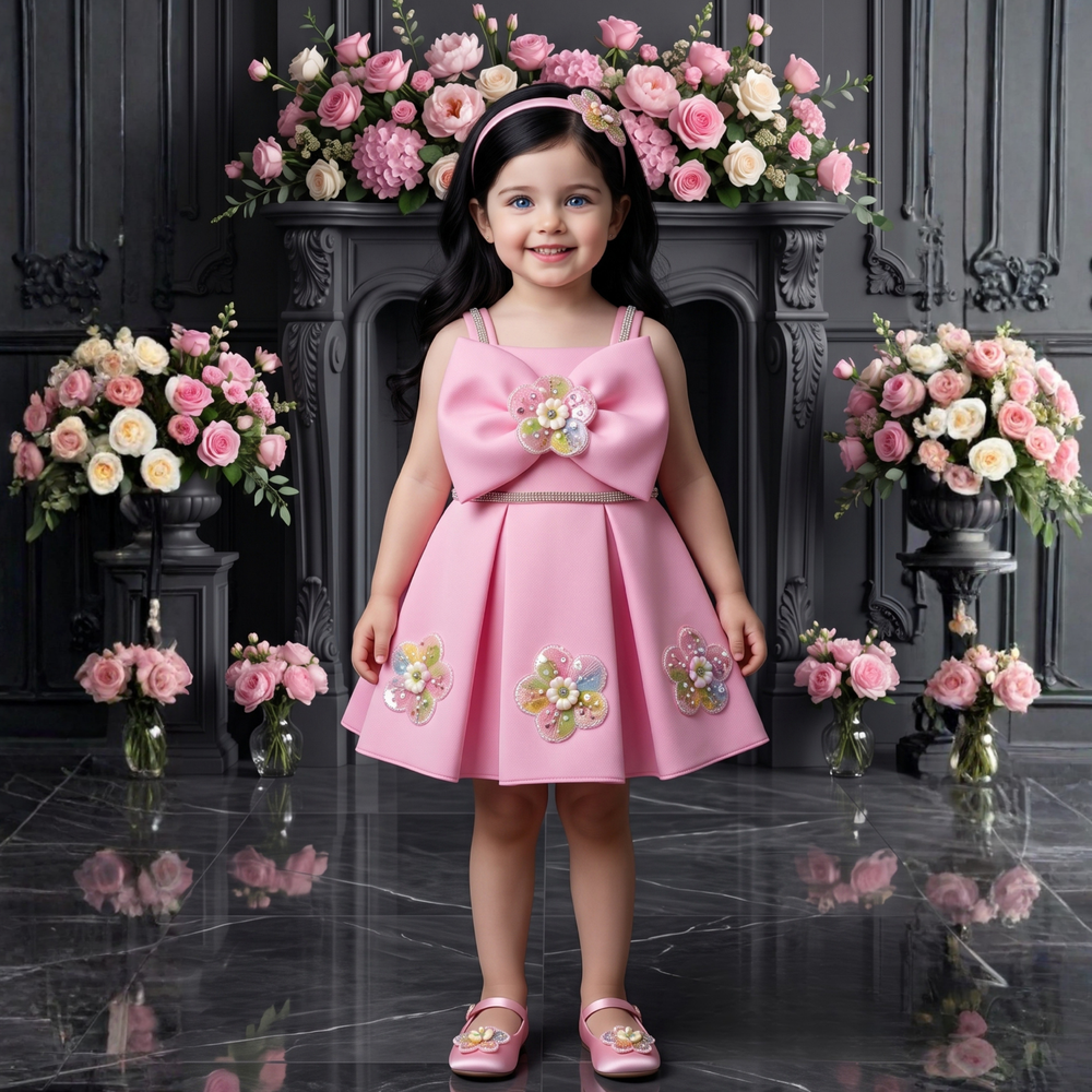 Elegant Pink Frock With Floral Embellished For Girls