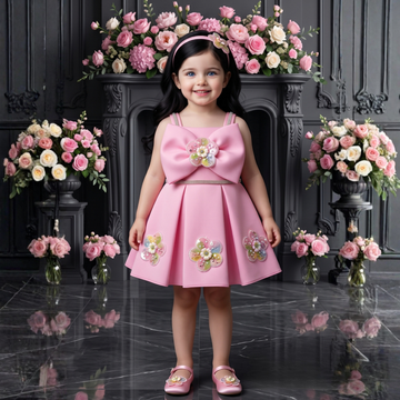 Elegant Pink Frock With Floral Embellished For Girls