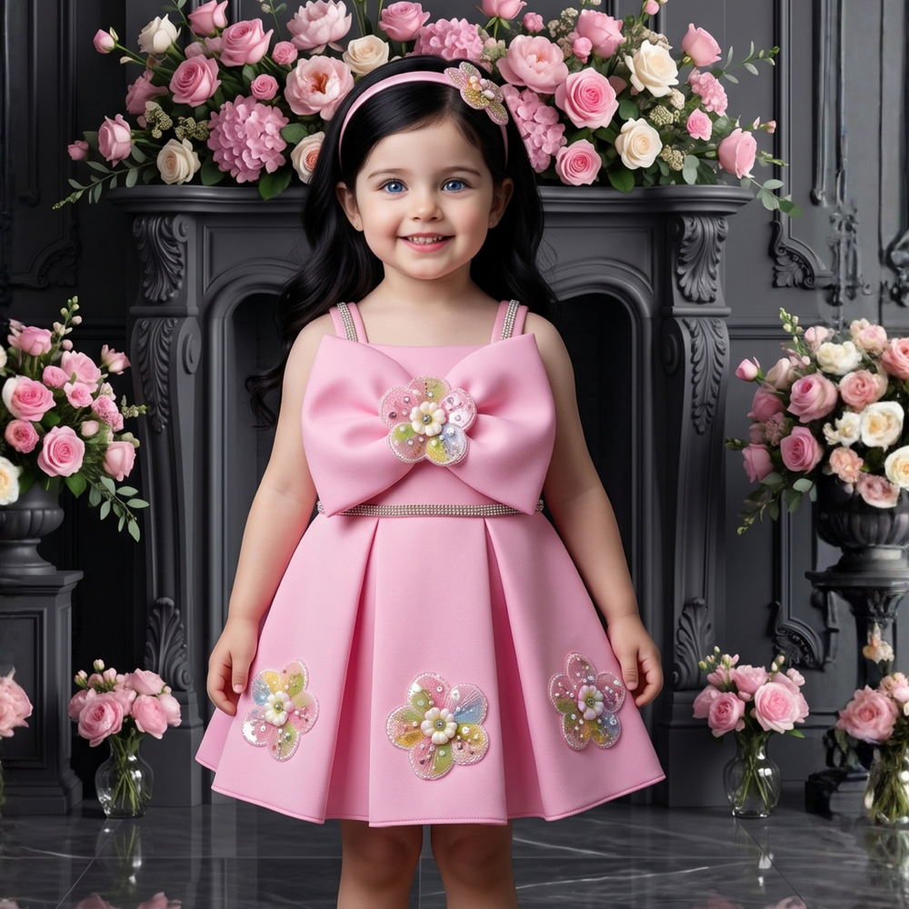 Elegant Pink Frock With Floral Embellished For Girls