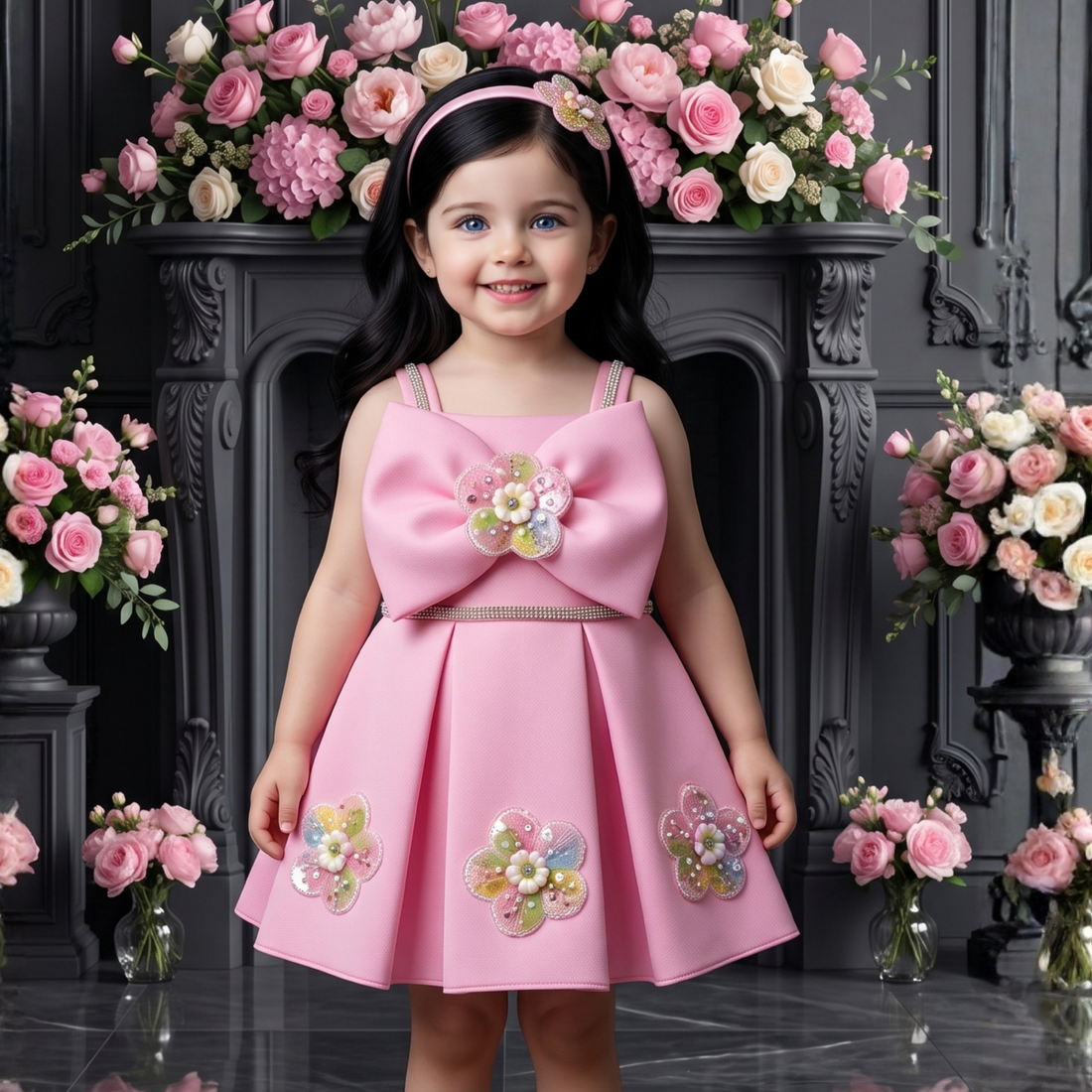 Elegant Pink Frock With Floral Embellished For Girls