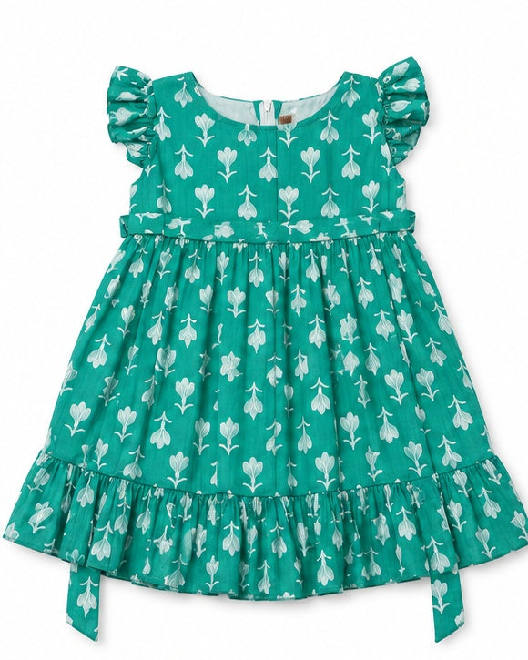 Girls green floral printed tiered cotton frock with ruffle sleeves