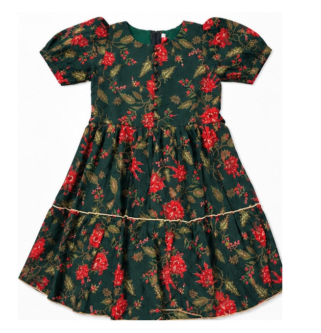 Girls green pure cotton floral tiered dress