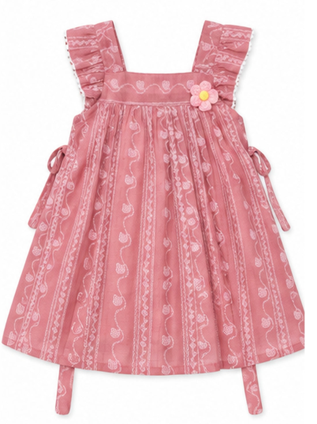 Girls pink printed cotton frock with flower waist detail