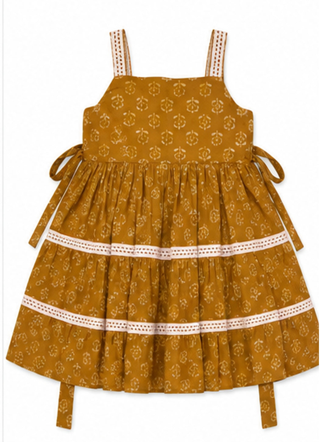 Girls mustard yellow printed cotton frock with lace detailing