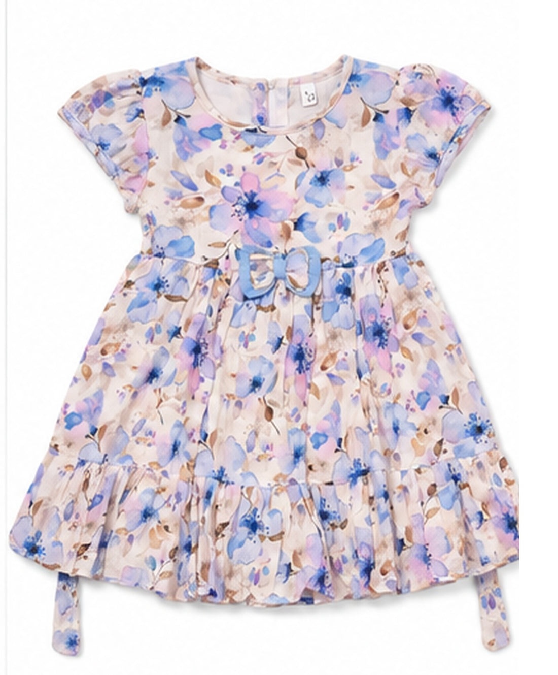 Girls blue and pink floral cotton frock with bow