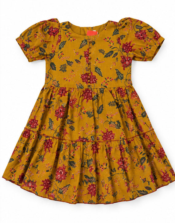 Girls mustard pure cotton floral tiered dress
