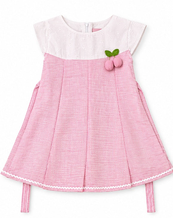 Girls pink embroidered cotton frock with bow detail