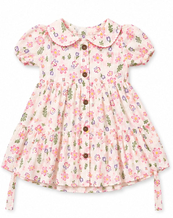 Girls white floral printed cotton frock with Peter Pan collar