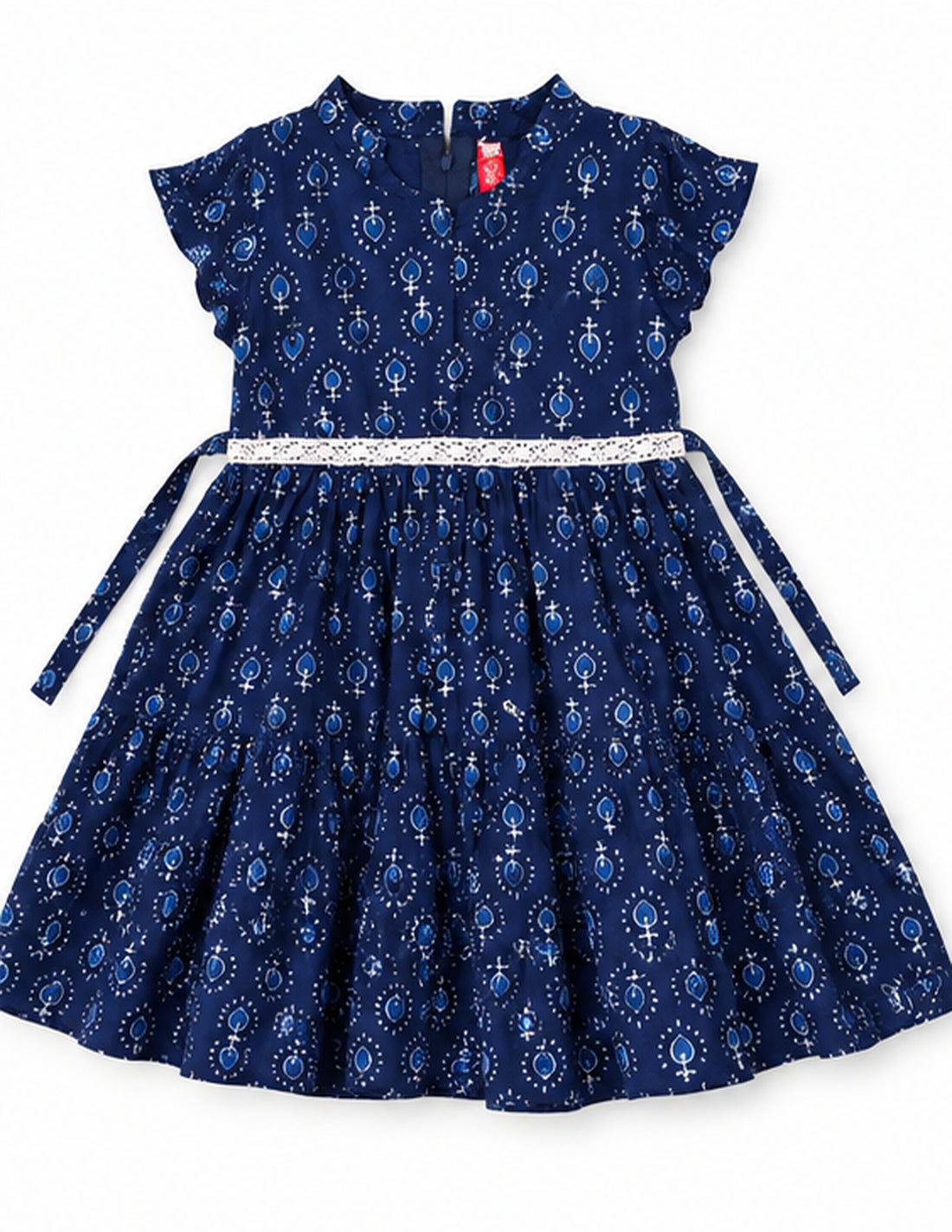 Girls blue printed cotton frock with flutter sleeves