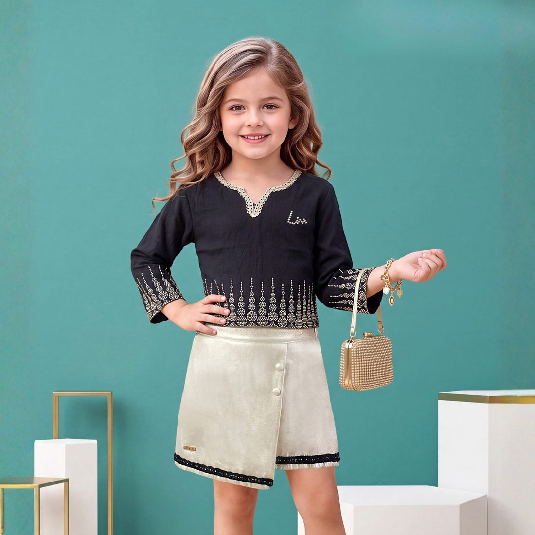 Girls Black Stylish Western Skirt Top