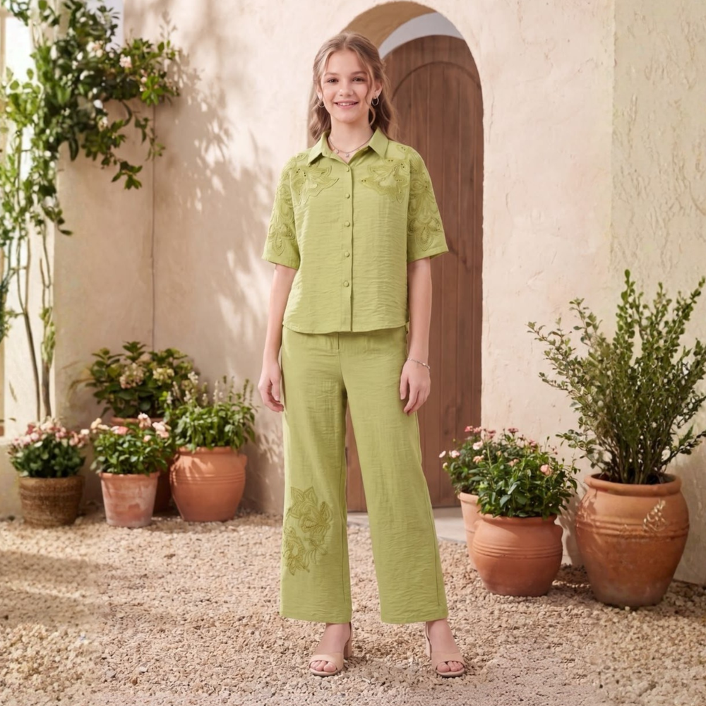 Girls Stylish Embroidered Shirt & Palazzo Co-Ord Set