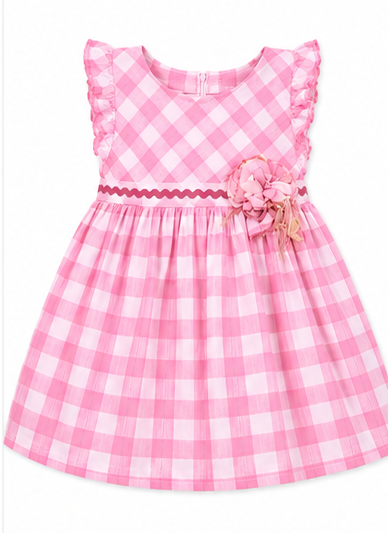 Girls pink checkered cotton frock with bow detail