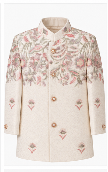 Boys White Embroidered Sherwani with Pearl Mala