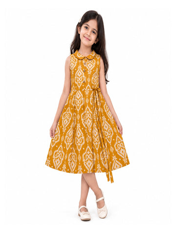 Girls Mustard Yellow Printed A-Line Dress