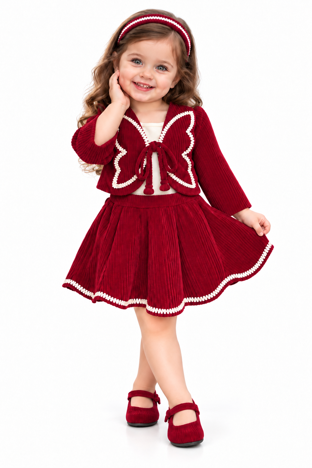 Girls Red Tie-Front Jacket and Flared Skirt Set (Shoes Not Included)