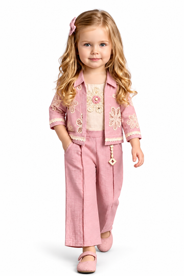 Girls Peach Floral Lace Jacket and Palazzo Pants Set (Shoes Not Included)
