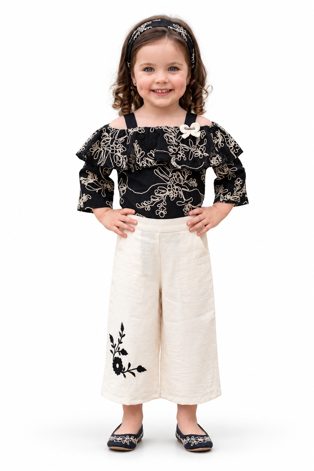 Girls Black Embroidered Cold-Shoulder Top and Cream Culottes Set (Shoes Not Included)