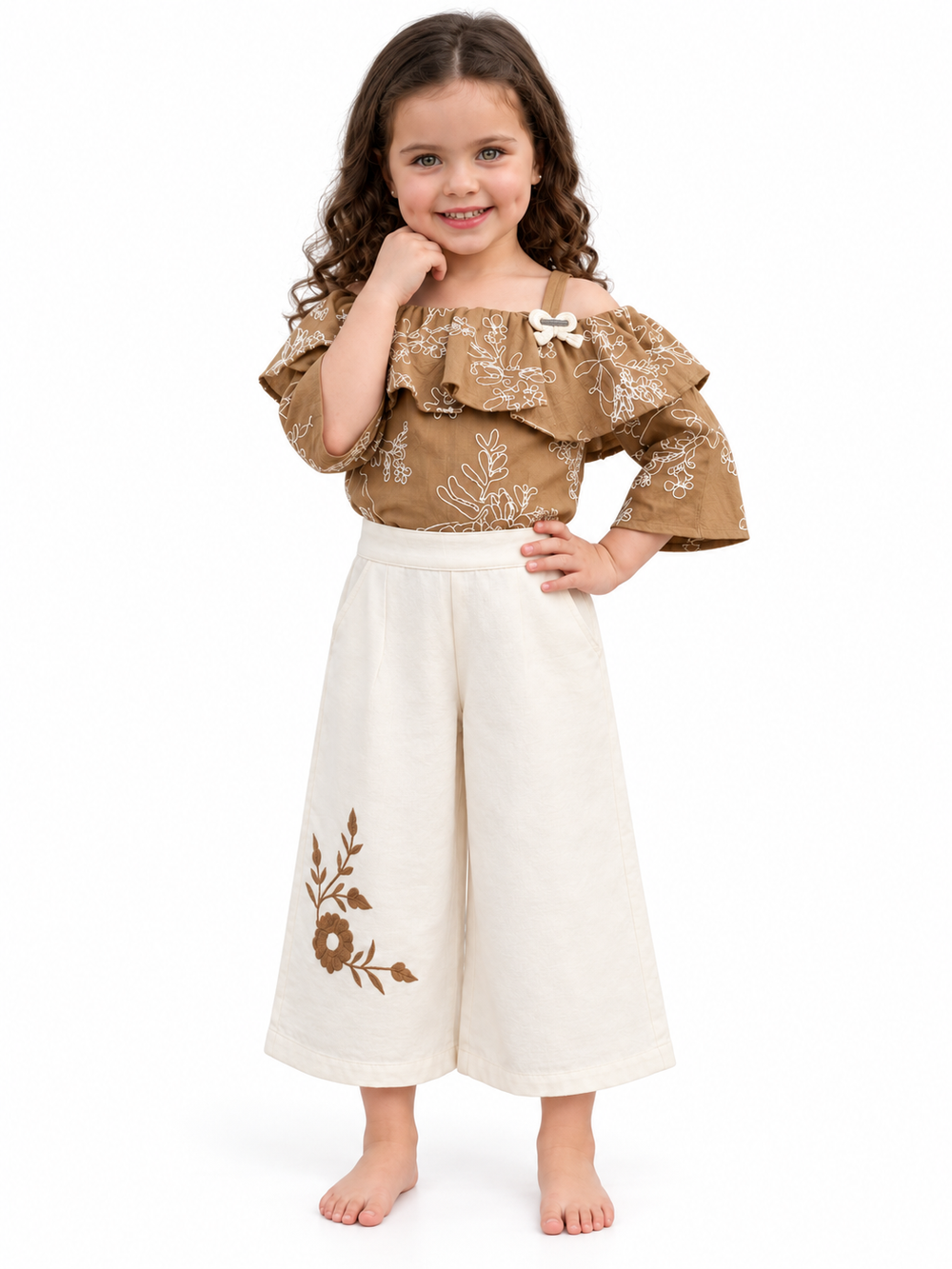 Girls Fawn Embroidered Cold-Shoulder Top and Cream Culottes Set