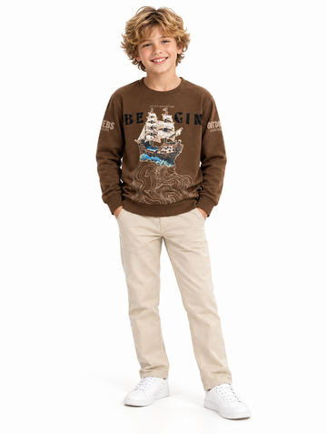 Boys Brown Adventure Ship Graphic Full Sleeve T-Shirt