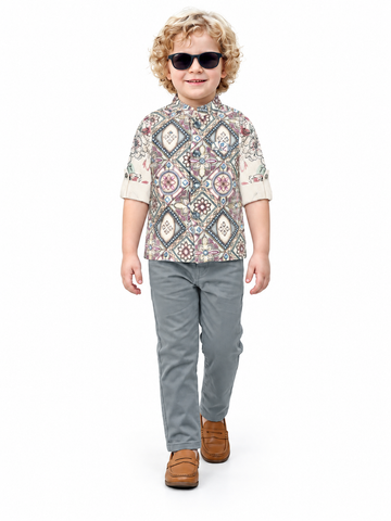 Boys Printed Mandarin Collar Shirt and Gray Pants Set