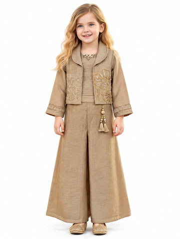Girls Fawn Embellished Plazo Set with Jacket