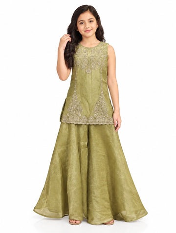 Girls Green Embroidered Kurta and Sharara Set