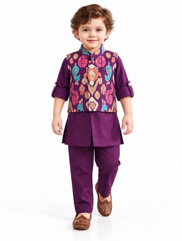 Boys Wine Ikat-Print Jacket, Kurta and Pajama Set