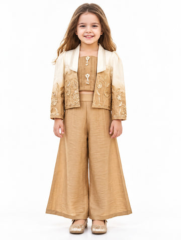 Girls Cream Embroidered Jacket with Crop Top & Palazzo Set