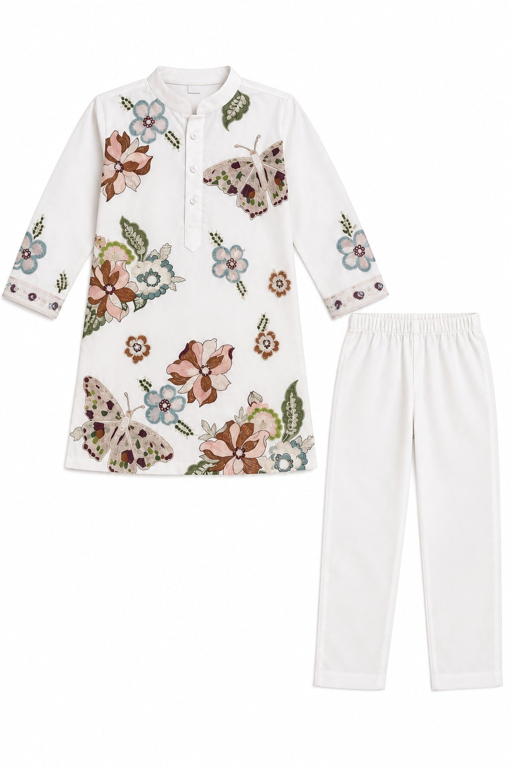 Boys Cream Floral and Butterfly Embroidered Kurta and Pants Set (Shoes Not Included)