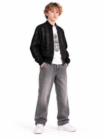 Boys Black Embellished Jacket with T-Shirt