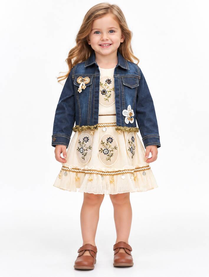 Girls Cream Embroidered Dress with Blue Denim Jacket