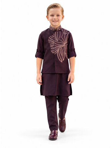 Boys Maroon Floral Embroidered Jacket, Kurta and Trousers 3-Piece Set (Shoes Not Included)