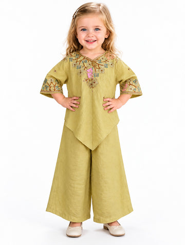 Girls Yellow Embroidered Kurti and Palazzo Set